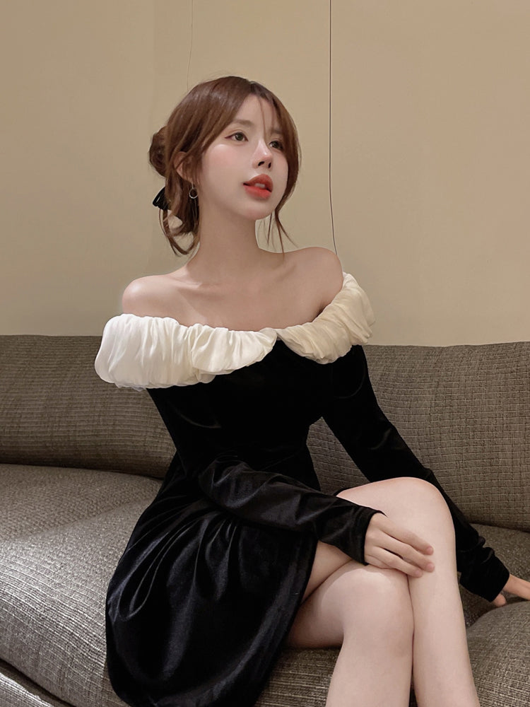 Hepburn style birthday party dress high-end niche one-shoulder black velvet dress R1808