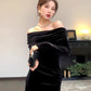 Hepburn style birthday dress high-end niche temperament black one-shoulder velvet dress R1813