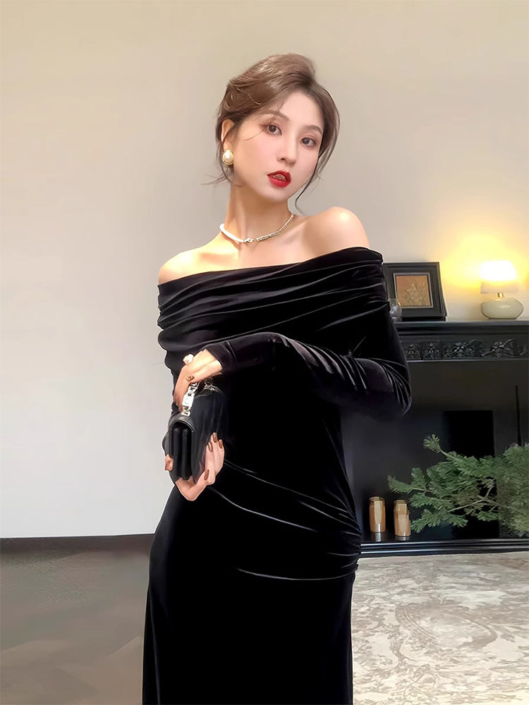 Hepburn style birthday dress high-end niche temperament black one-shoulder velvet dress R1813