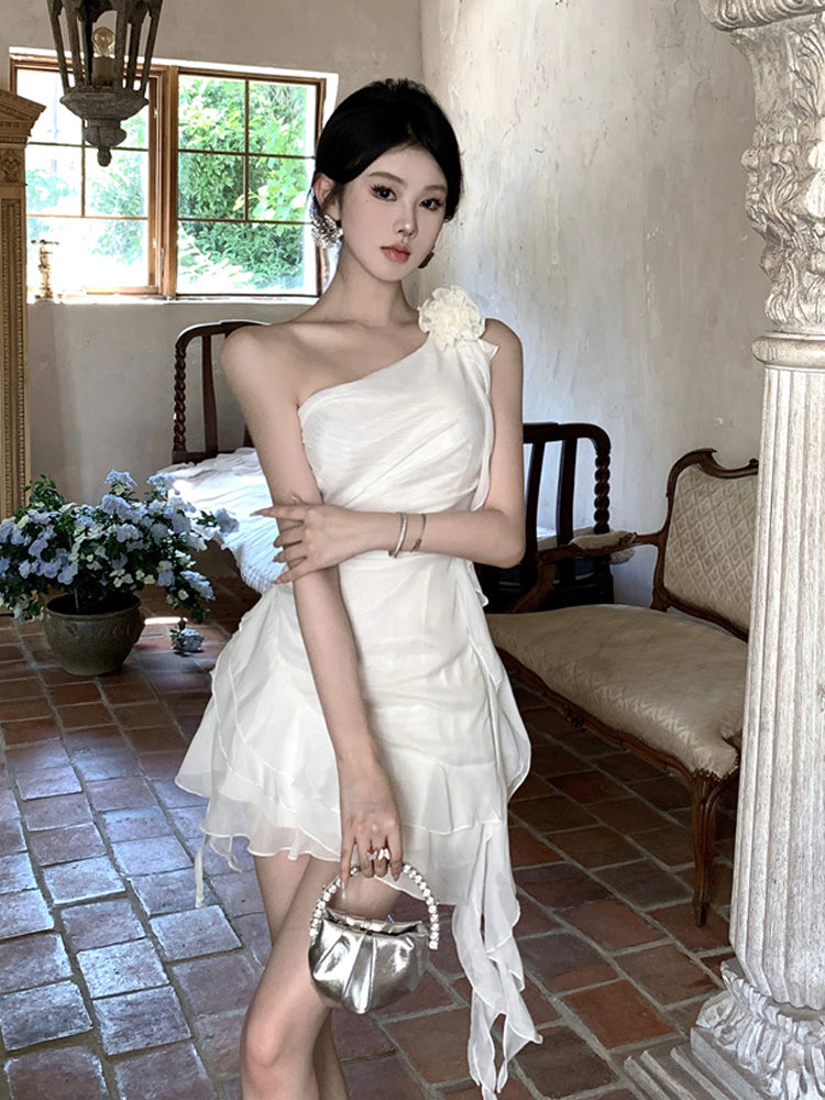 Birthday dress high-end party dress niche irregular chiffon off-shoulder dress R1806
