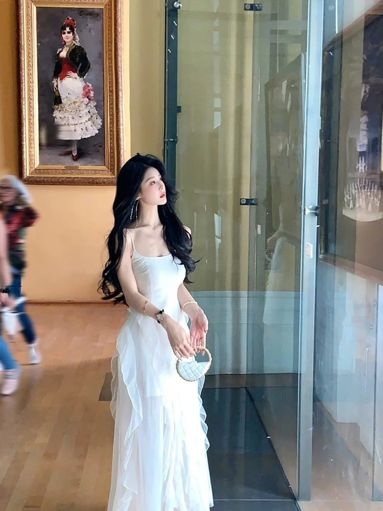 Holiday French style white suspender dress niche design slim fit fairy long dress R1812