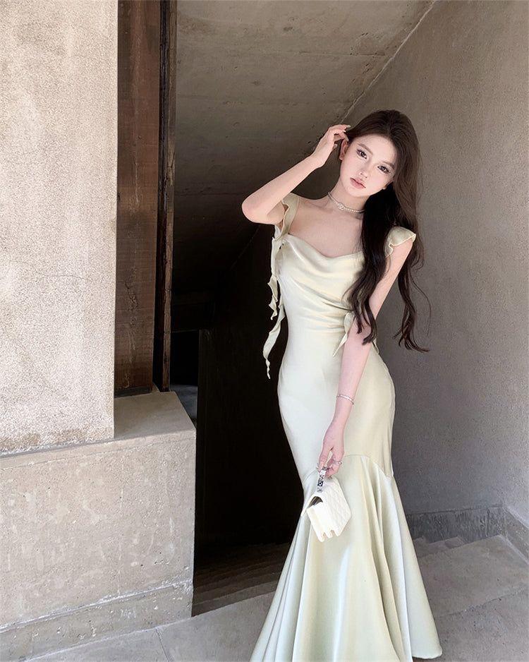 French satin sling collar fishtail suspender dress slim fit temperament dress long skirt R1805