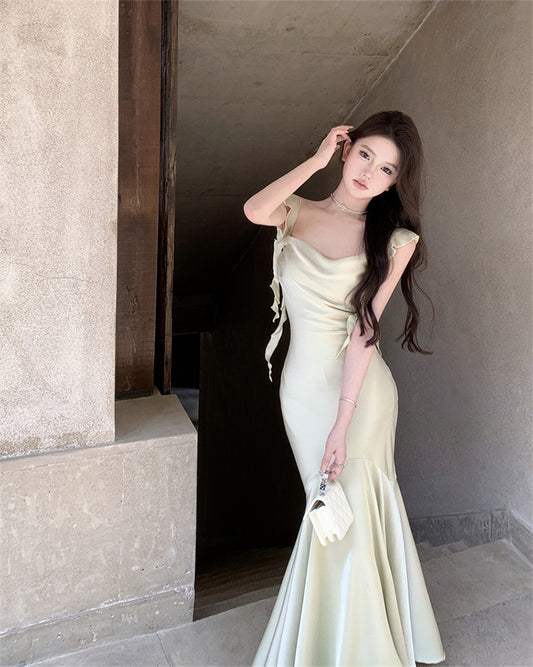 French satin sling collar fishtail suspender dress slim fit temperament dress long skirt R1805