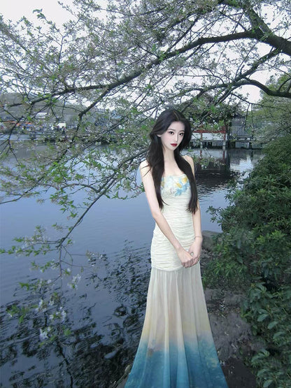 French style mesh suspender dress for holiday, niche design, slim fit, elegant long dress R1803