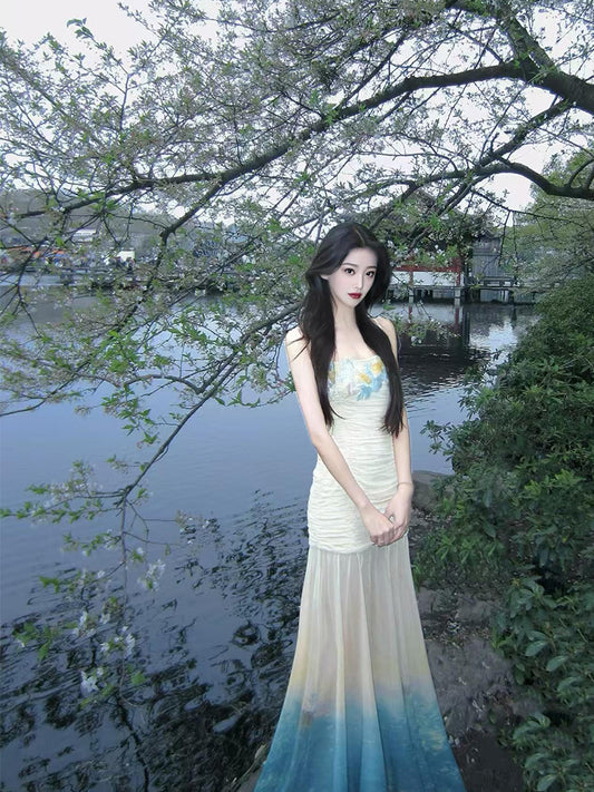 French style mesh suspender dress for holiday, niche design, slim fit, elegant long dress R1803