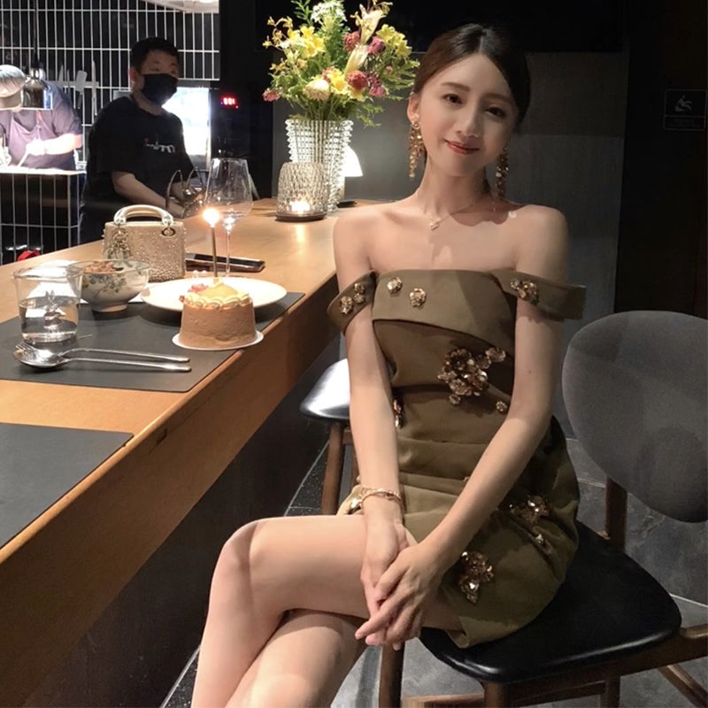 Birthday dress high-end party dress high-end niche one-shoulder suspender dress R1804