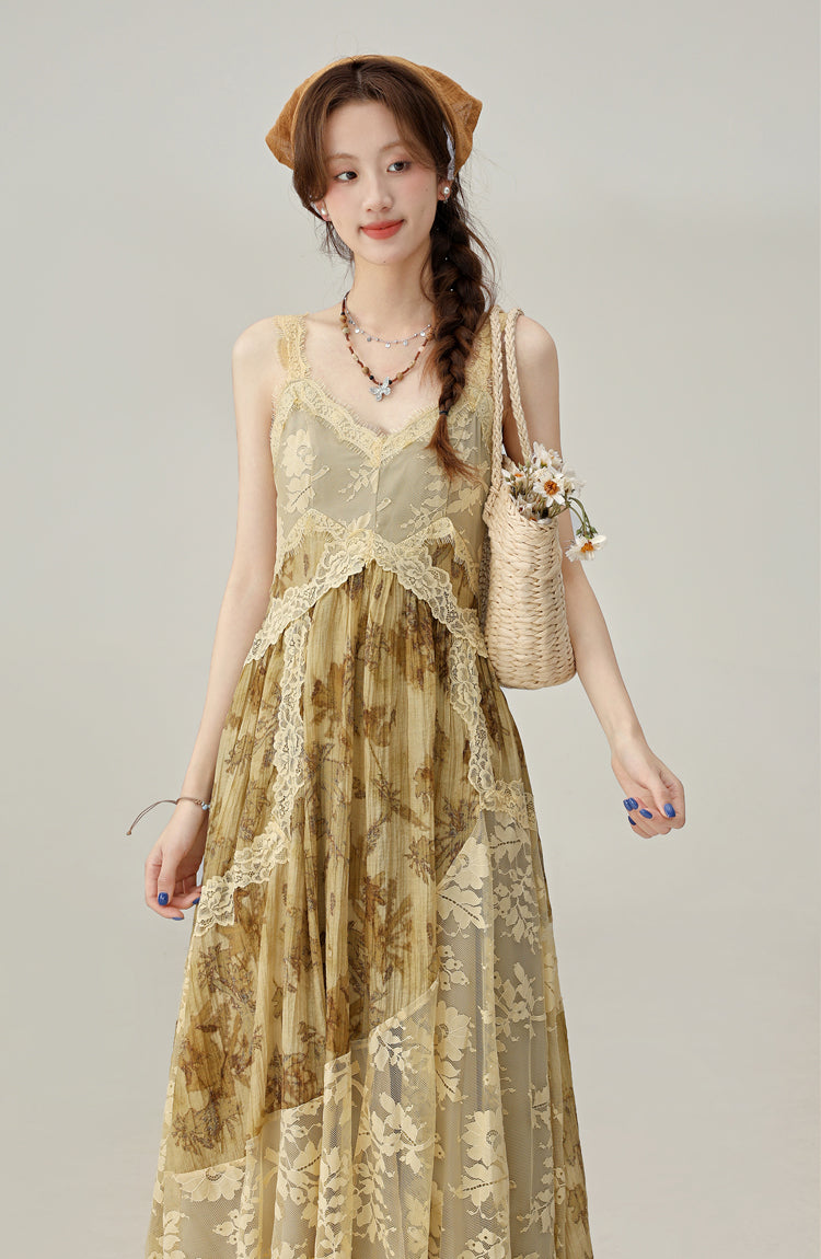 Han element retro floral lace stitching suspender dress holiday long dress R1973