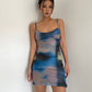 High elastic mesh printed suspender dress summer vacation short skirt hip sexy R3029
