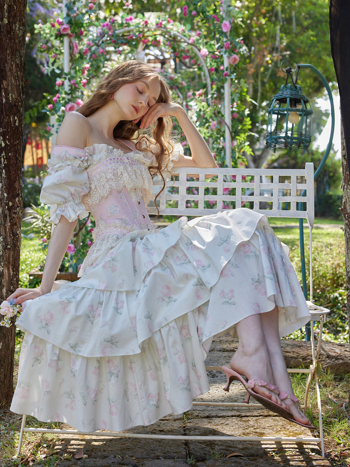 Retro Pastoral Print Bowknot Herringbone Dress R5114