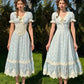 French pastoral fresh baby blue long short-sleeved lace dress R5113