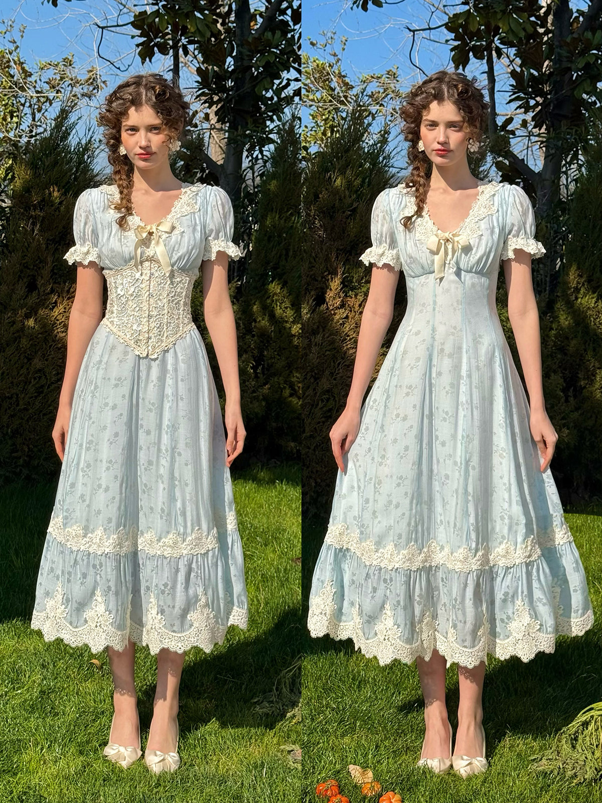 French pastoral fresh baby blue long short-sleeved lace dress R5113