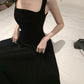 French square neck velvet suspender dress waist temperament dress black long skirt R1423