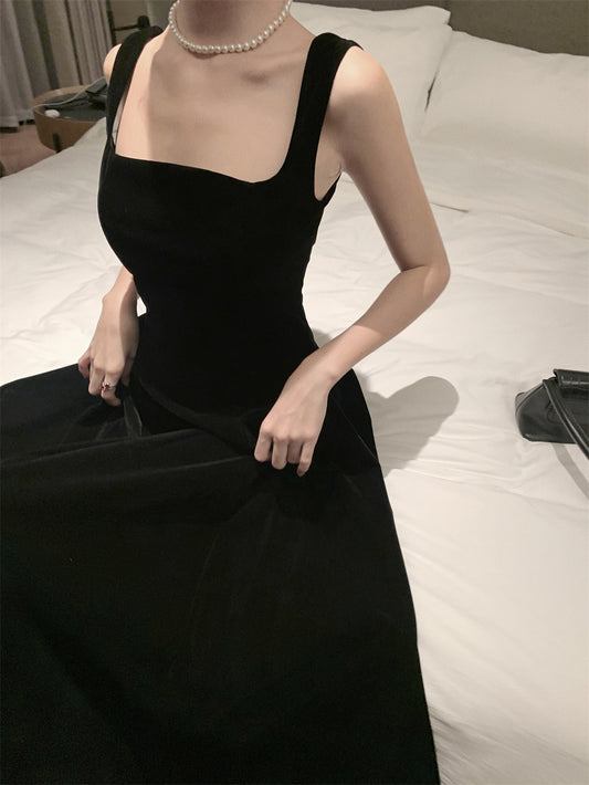 French square neck velvet suspender dress waist temperament dress black long skirt R1423