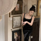 Black square neck suspender dress slim fit slit Hepburn style velvet hip dress R1424