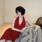 Hong Kong style retro wine red sleeveless backless slit halter neck dress beach dress R1426