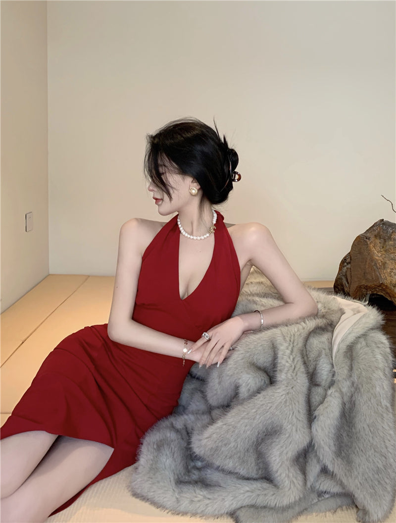 Hong Kong style retro wine red sleeveless backless slit halter neck dress beach dress R1426