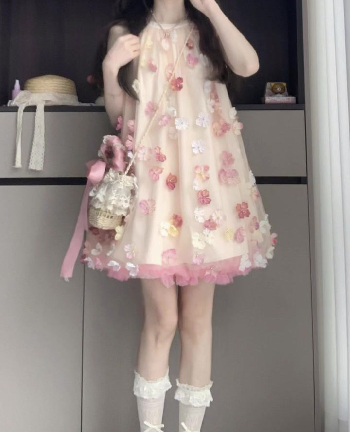 Gentle and sweet style flower off-shoulder halter dress beautiful loose A-line skirt R0798