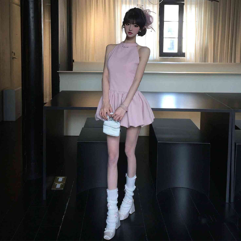 Pink sleeveless vest dress gentle temperament waist fluffy flower bud skirt R0799