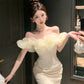 Temperament flower one-shoulder dress niche design banquet small dress R0797