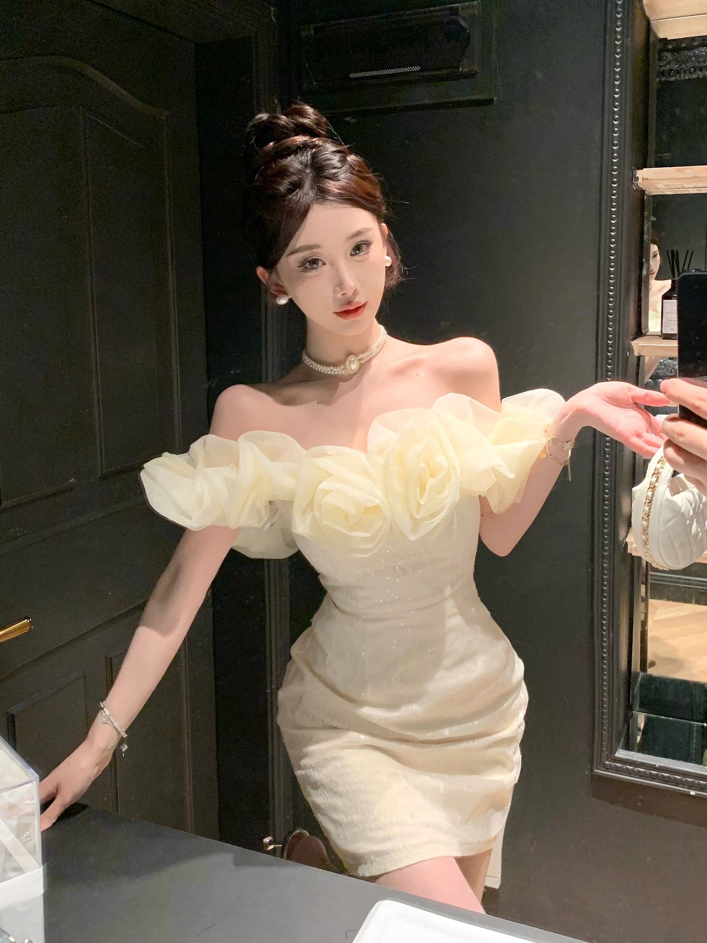 Temperament flower one-shoulder dress niche design banquet small dress R0797