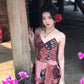 Women's Retro Floral Sling Dress Beautiful Waist A-Line Long Dress R0605
