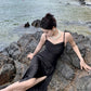 Black suspender dress slim sexy temperament slit silk satin holiday wear skirt R1443