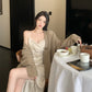 French silk satin sexy slit V-neck dress with suspenders evening dress R1487