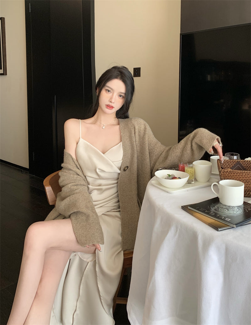 French silk satin sexy slit V-neck dress with suspenders evening dress R1487