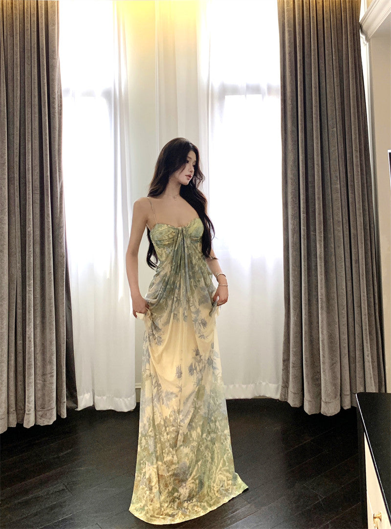 Green floral suspender dress, elegant waist slim beach dress R0670