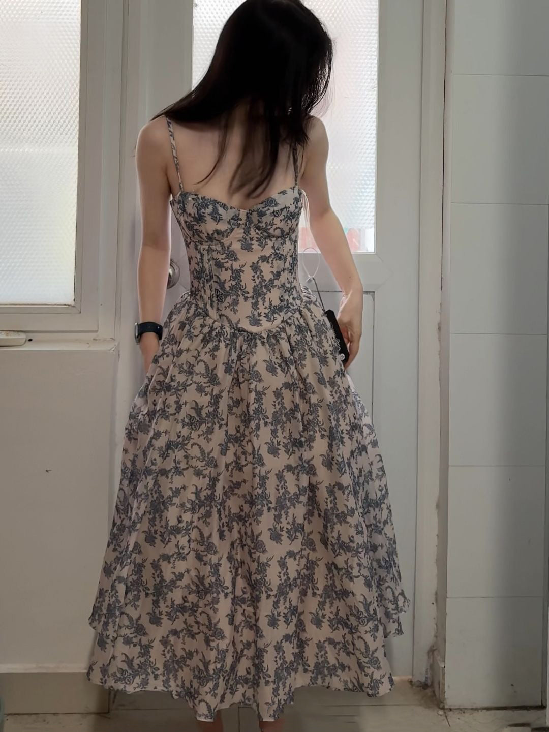 Retro blue suspender dress 2025 new gentle temperament waist dress R0674