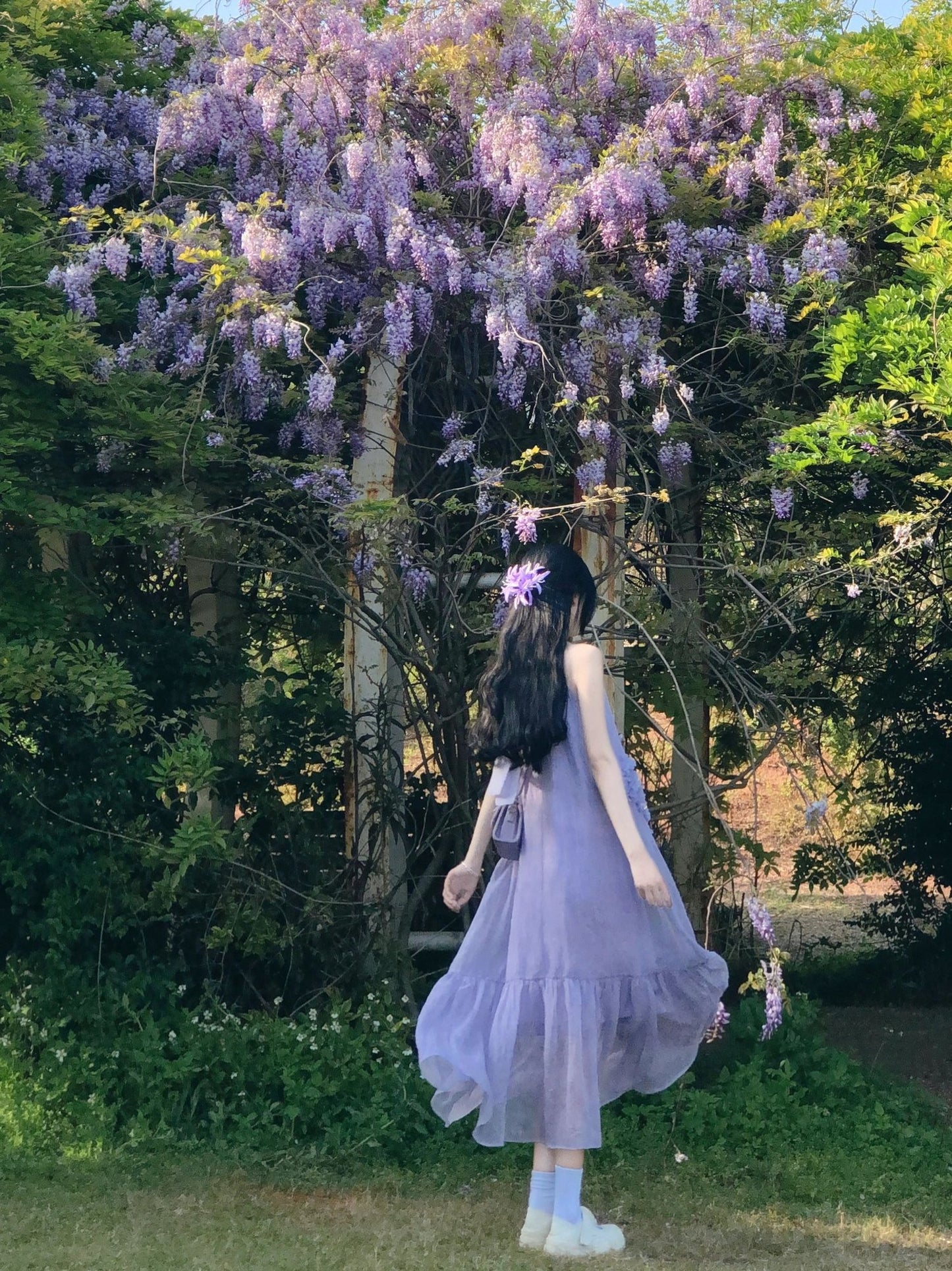 Atmosphere small skirt gentle temperament A-line long skirt purple halter neck dress R0671