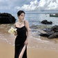 Black suspender dress slim sexy temperament slit silk satin holiday wear skirt R1443