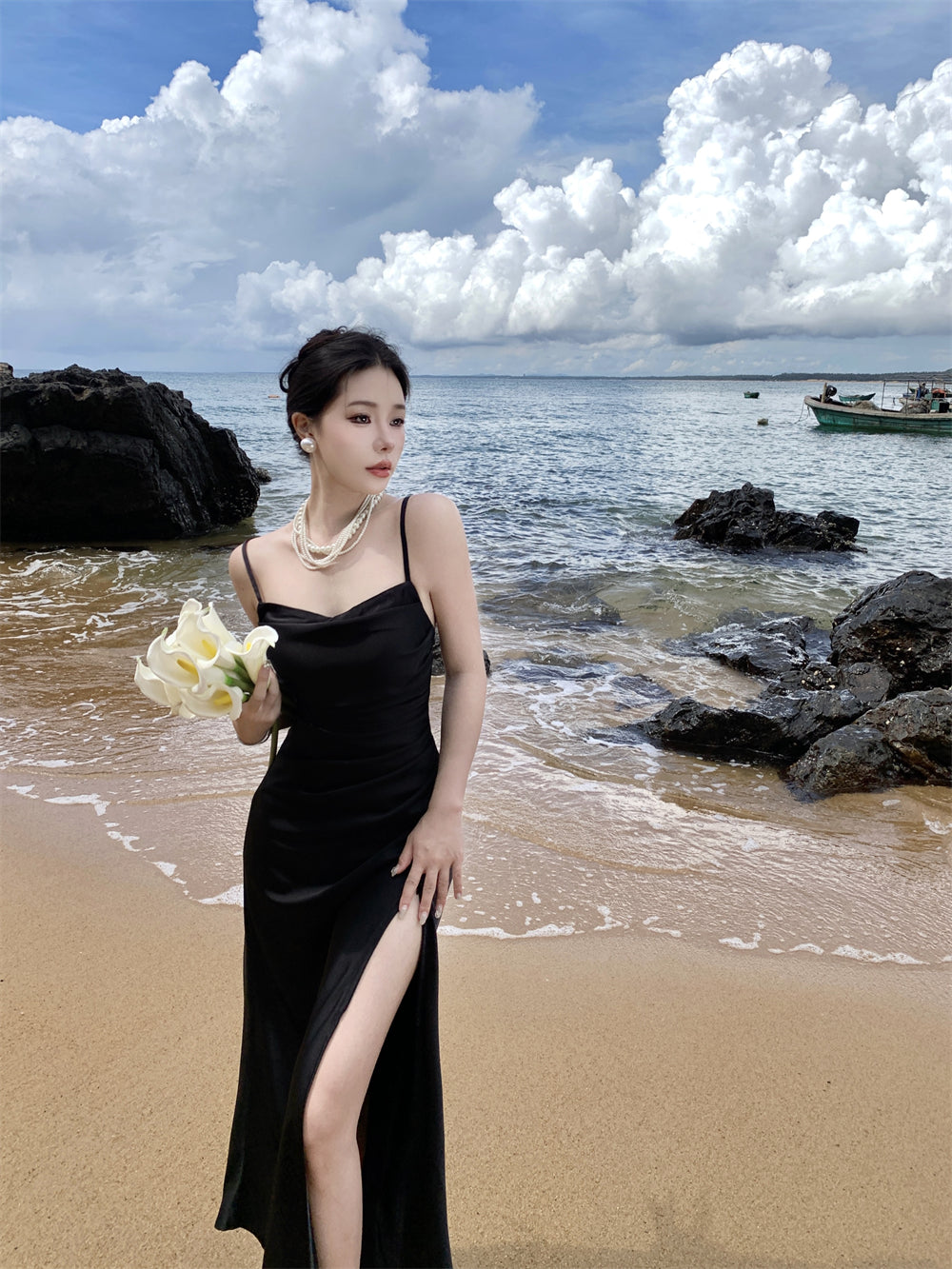 Black suspender dress slim sexy temperament slit silk satin holiday wear skirt R1443