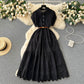 Niche design buttoned loose lace long dress waist pleated shirt collar spliced long skirt R2168
