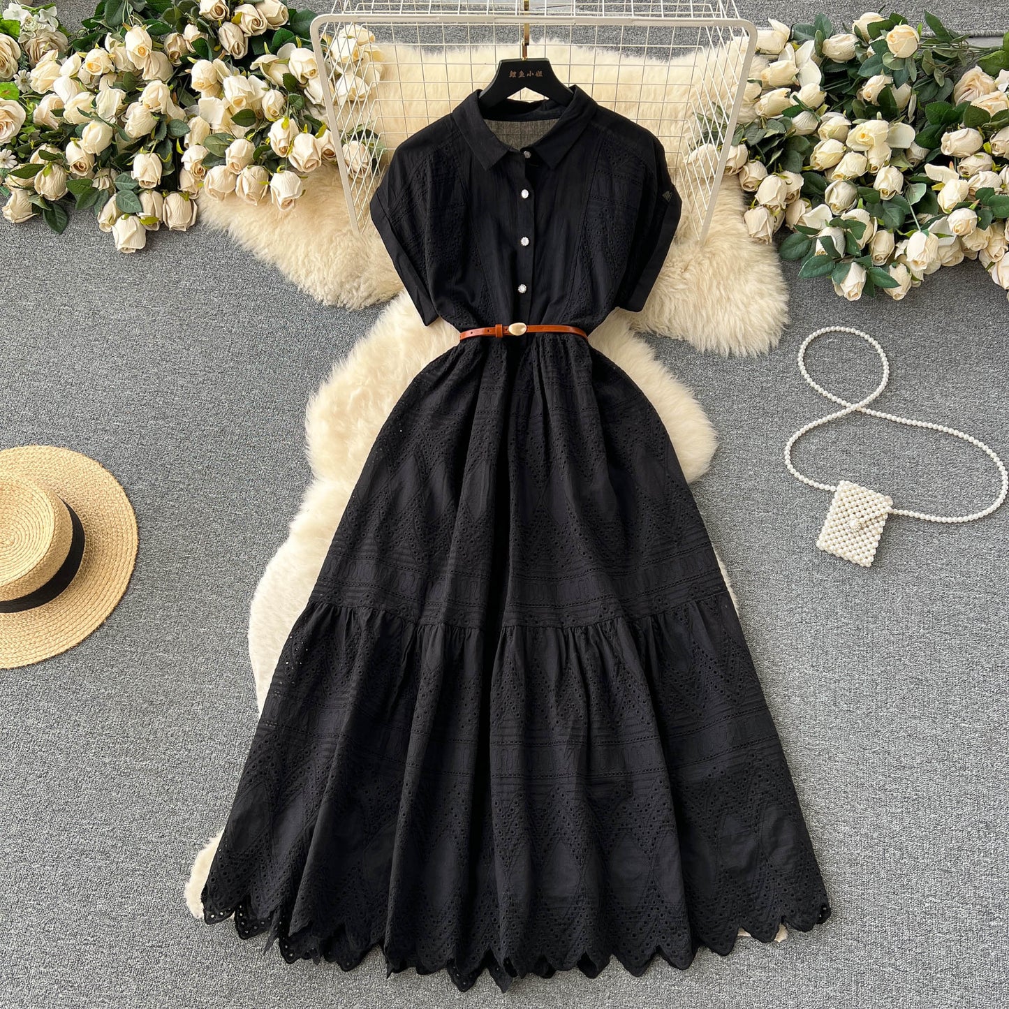 Niche design buttoned loose lace long dress waist pleated shirt collar spliced long skirt R2168