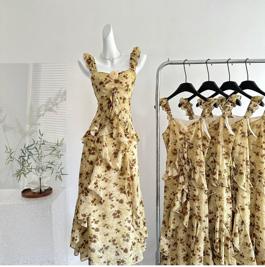 Retro three-dimensional flower decoration ruffled floral skirt R2130