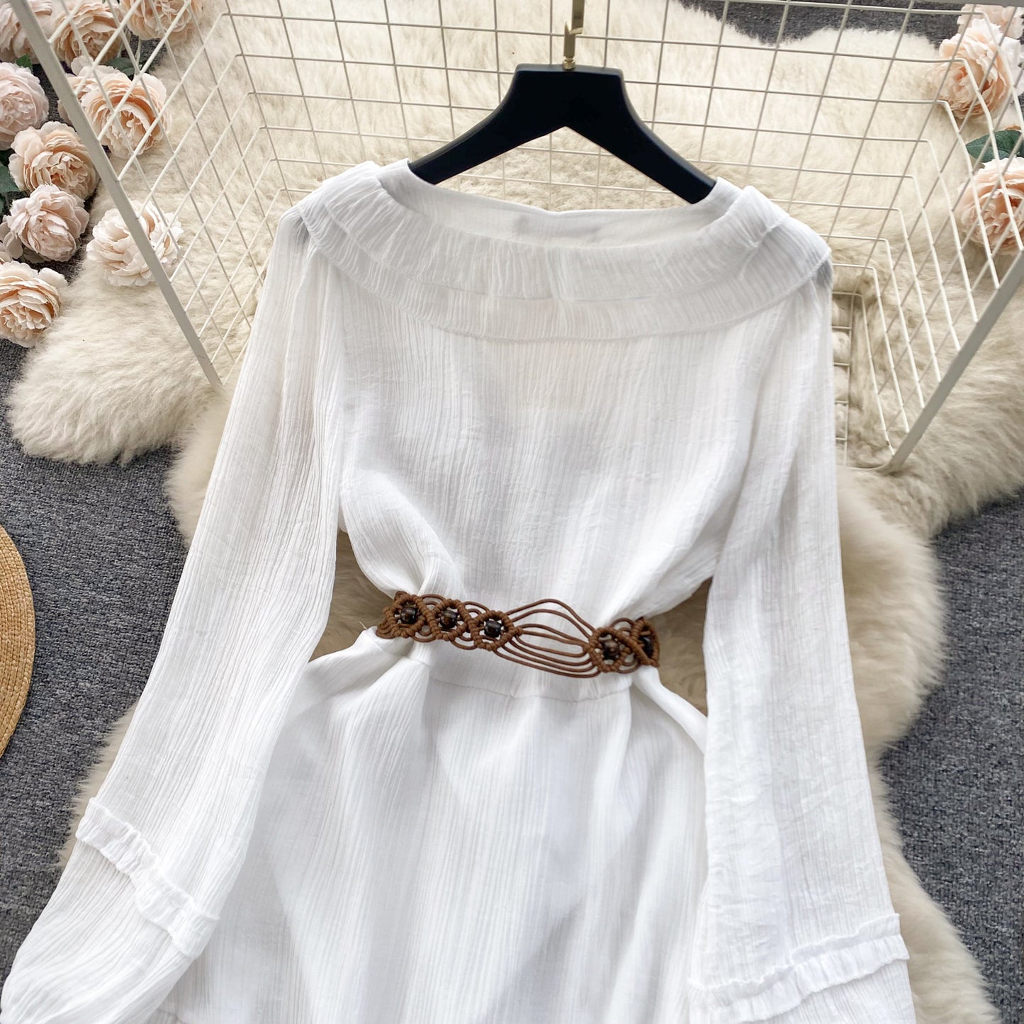 2025 new holiday style outfit sweet wood ear straps slim short ruffle dress R2162