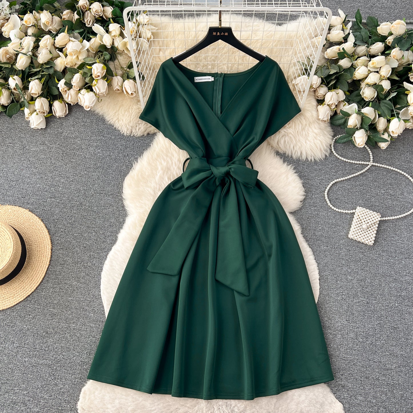 High-end banquet party dress summer bow tie waist design niche chic dress R2163