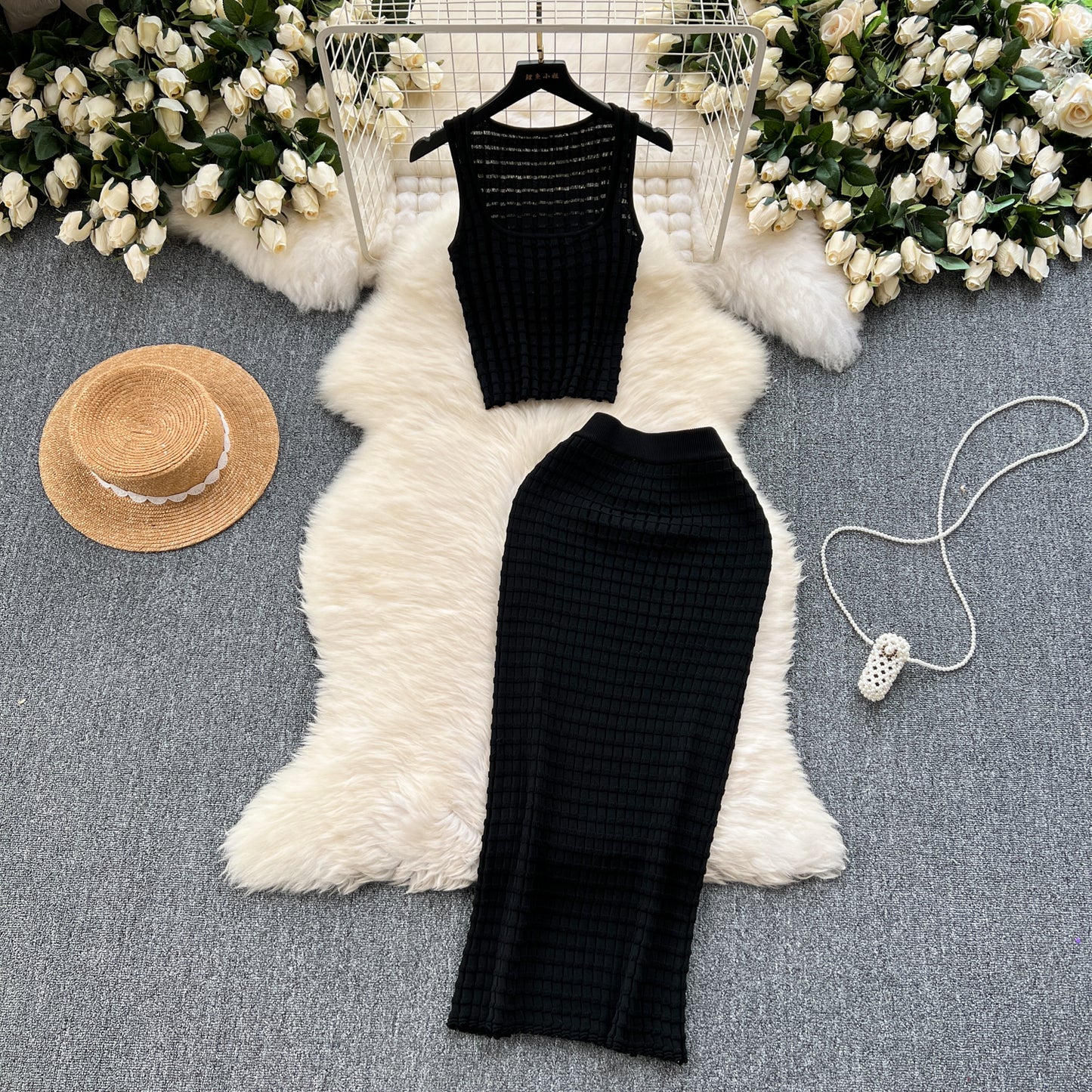 Retro hot girl style suit short vest top versatile high waist skirt knitted two-piece suit R2164