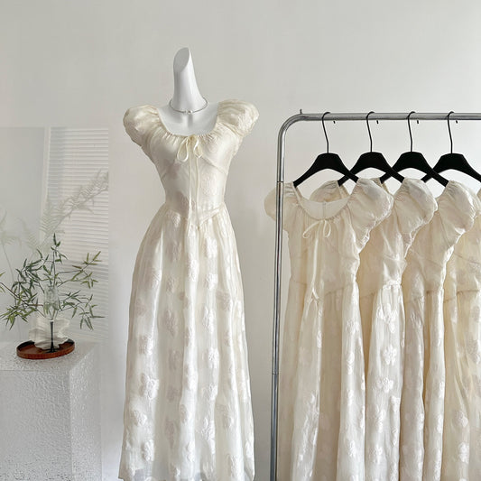Jacquard French Puff Sleeve Waist Dress Long Dress A-Line Skirt R2120