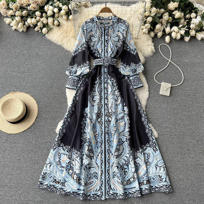 Retro palace style lantern sleeves printed dress with a wide swing and an A-line knee-length skirt R2167