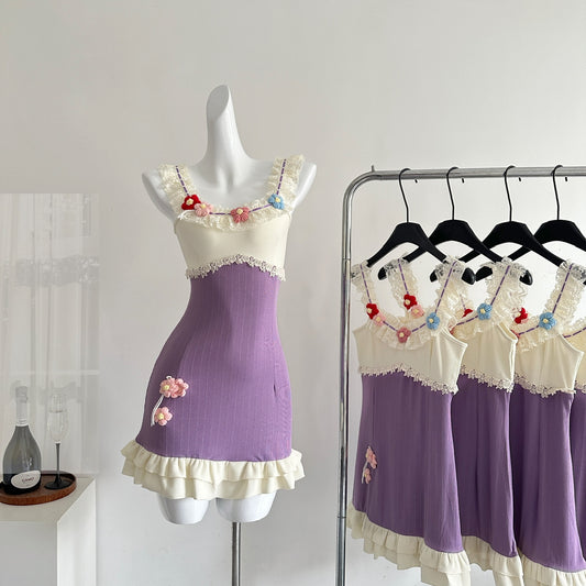 Purple summer sweet slim knitted short patchwork dress R2121