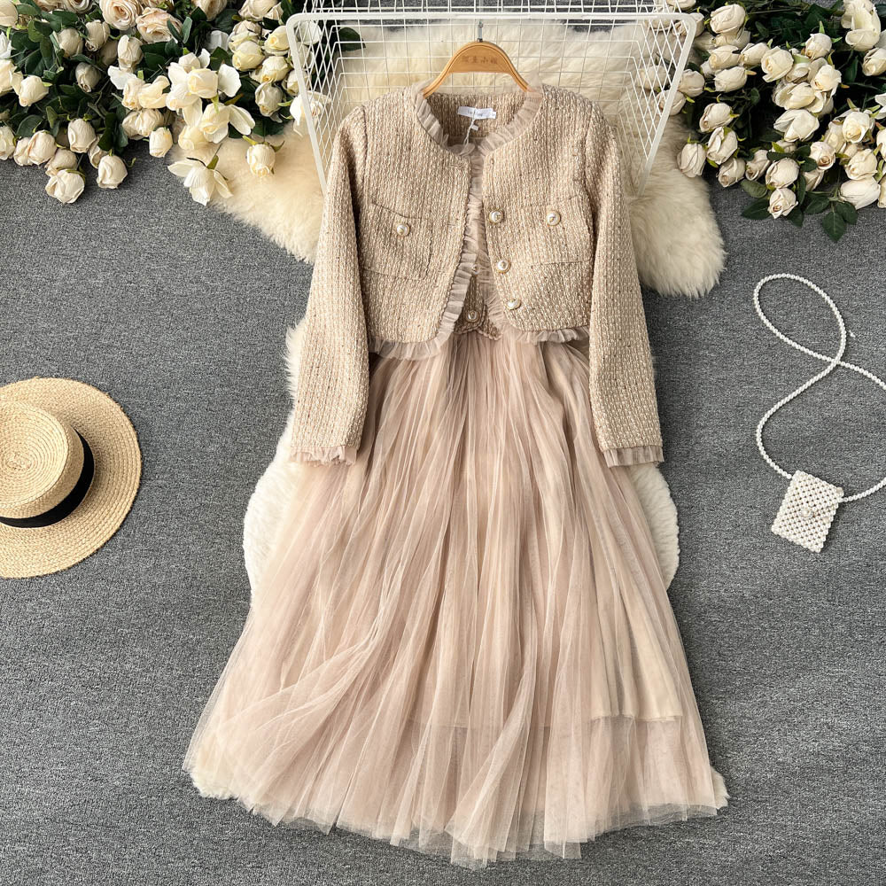 Chanel style high-end suit short cardigan jacket suspenders mesh dress two-piece suit R2145