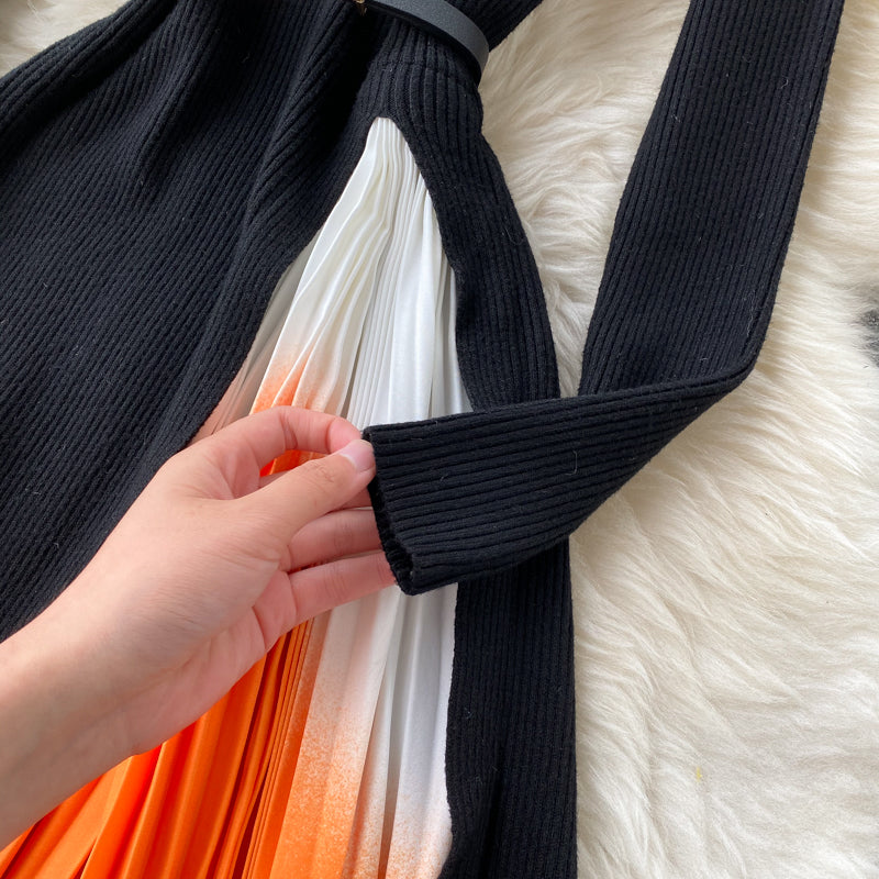 French Hepburn style elegant knitted gradient color pleated waist wide swing dress new R2156