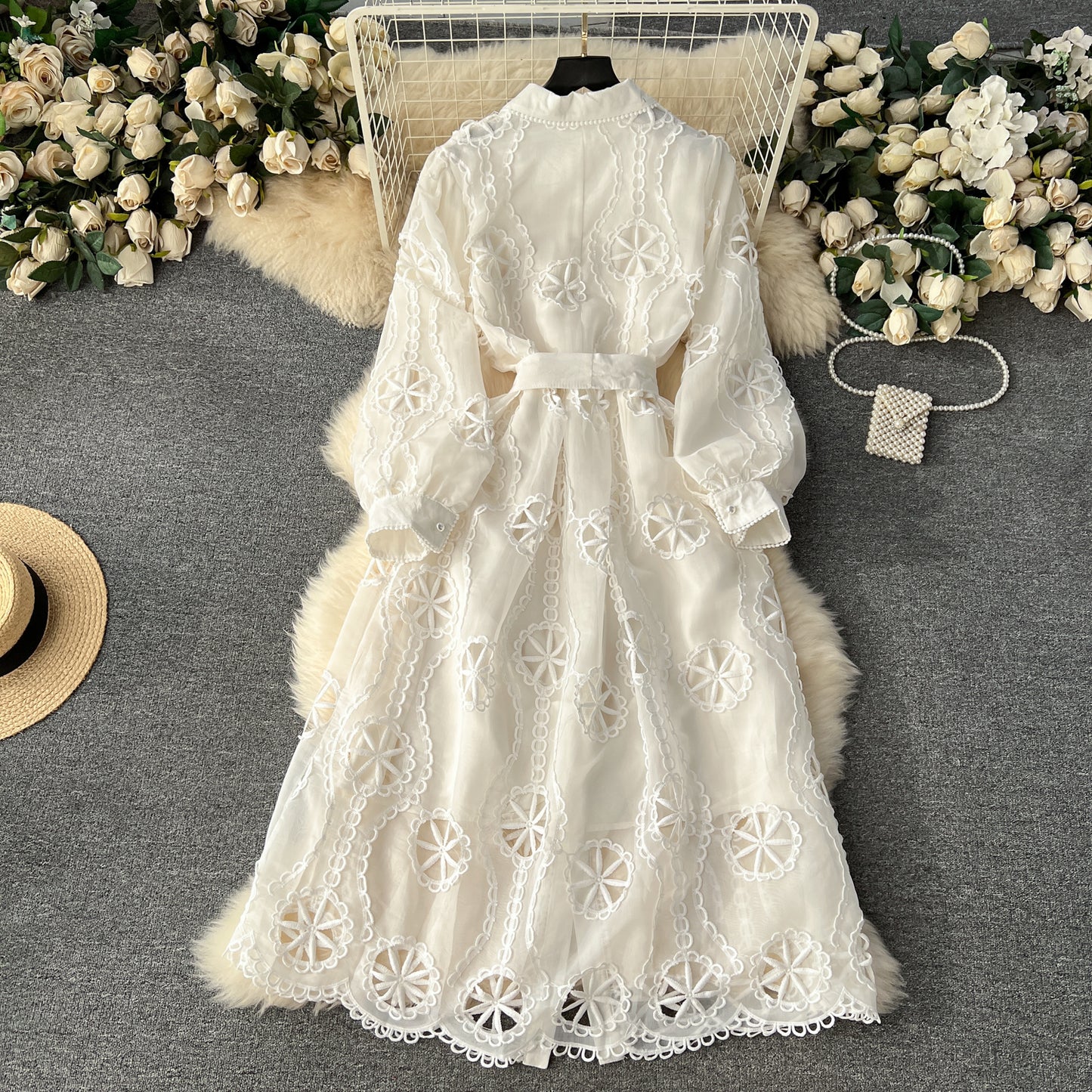 Palace style dress 2025 new embroidery hollow flower slim fit medium long dress R2155