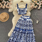 Printed suit pure waist-revealing camisole vest high waist midi skirt R2138