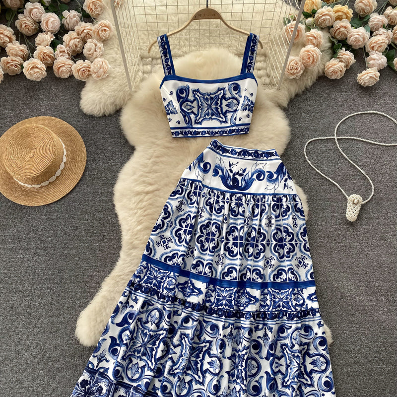 Printed suit pure waist-revealing camisole vest high waist midi skirt R2138