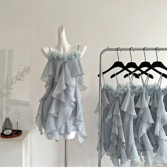 Multi-layered ruffled V-neck chiffon suspender dress with flowers for holiday R2128