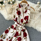 Retro printed dress 2025 new style temperament V-neck tie waist slim medium long dress R2139