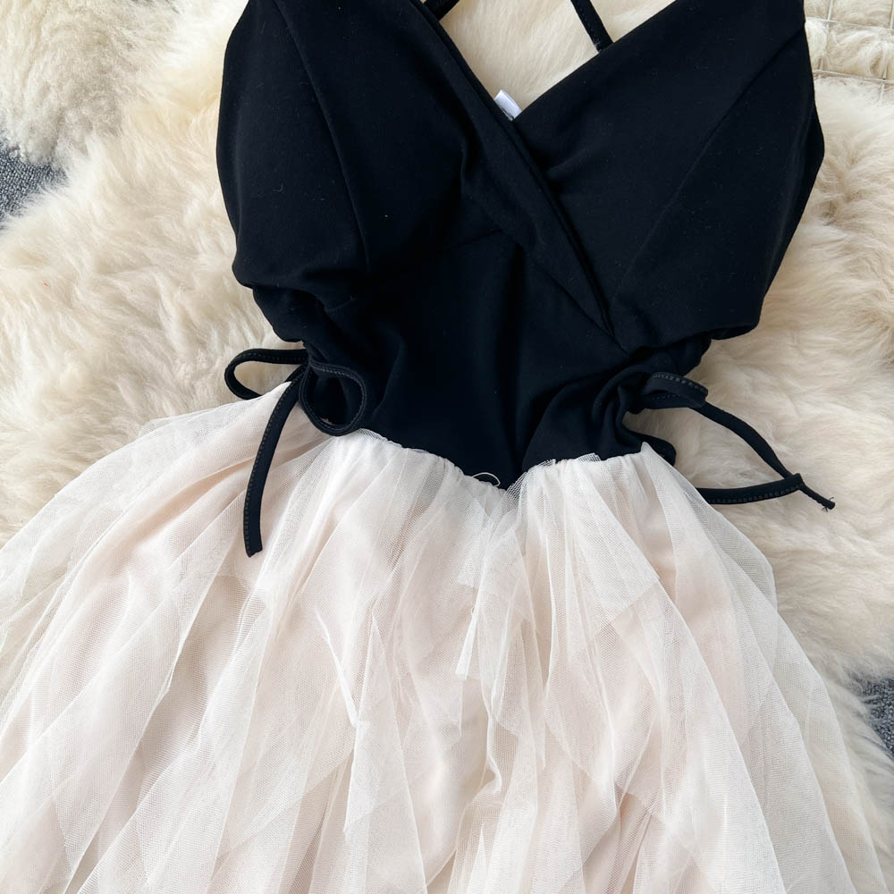 French style slim fit deep v sweet high waist long skirt cake beach skirt suspender dress R2142